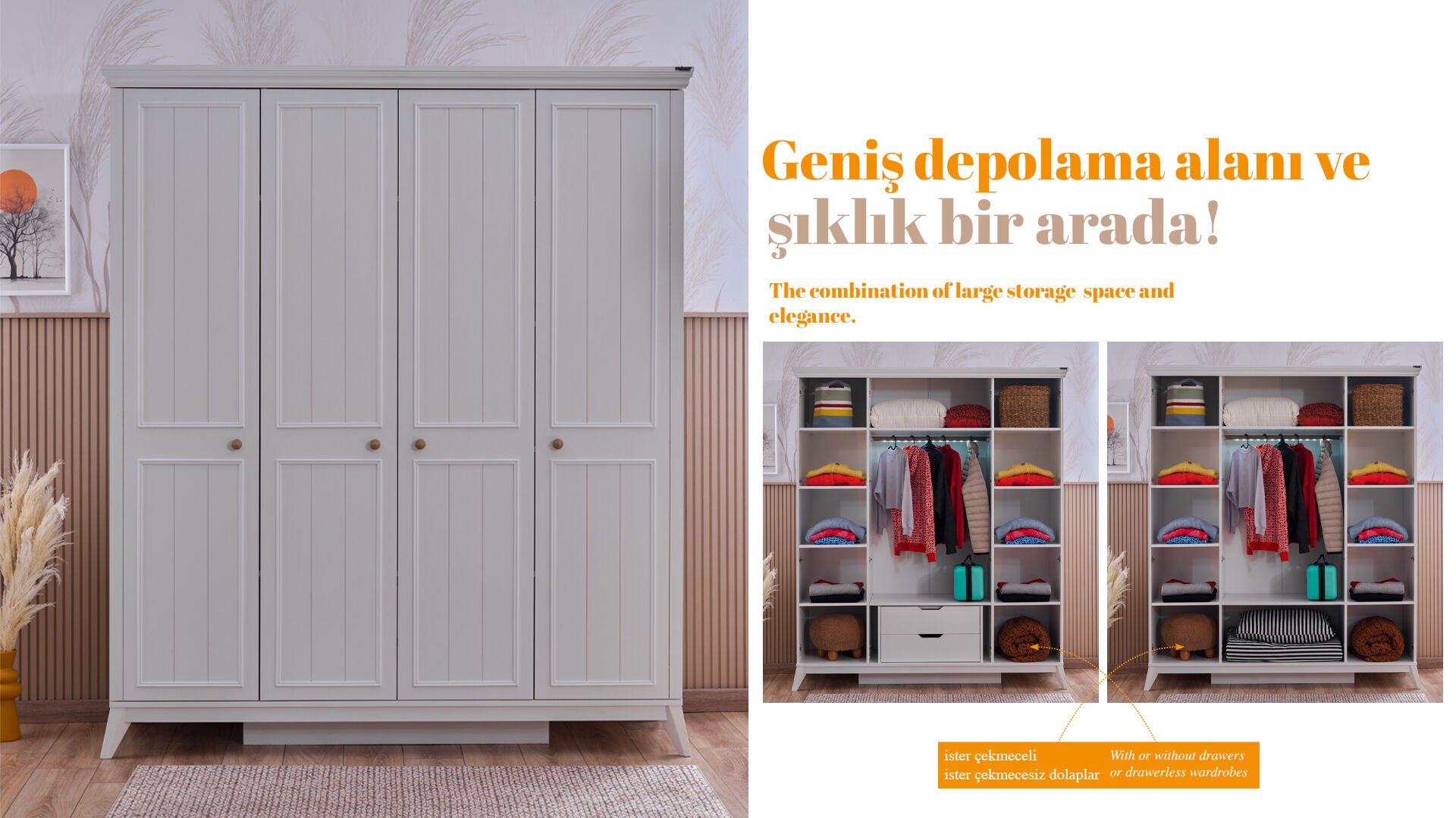 Gloria 4 Kapaklı Beyaz Dolap - Lajivert Genç Odası