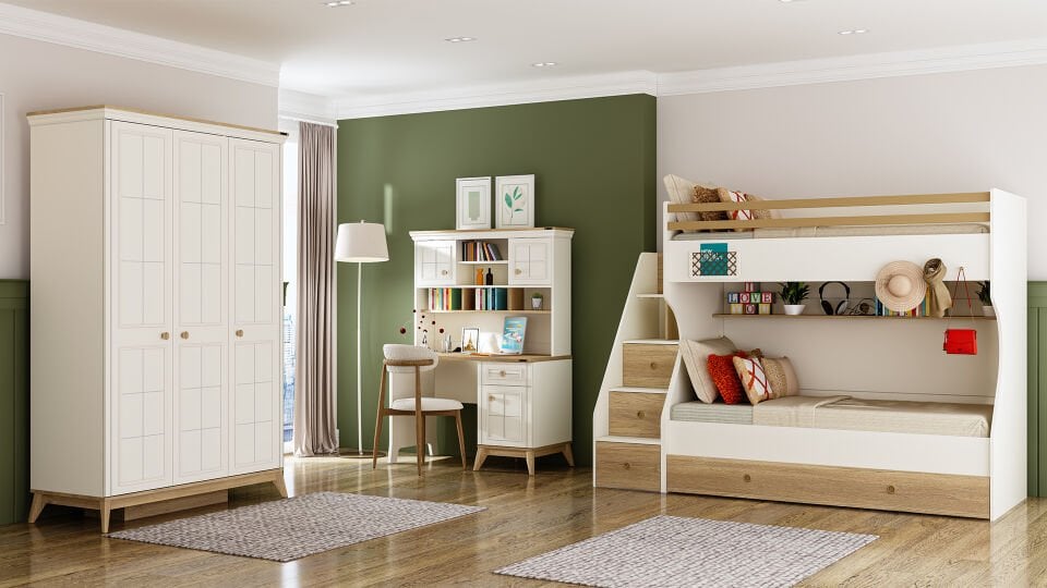 Ferro Compact Ranza Ahşap Merdivenli 90x190 Ceviz Krem