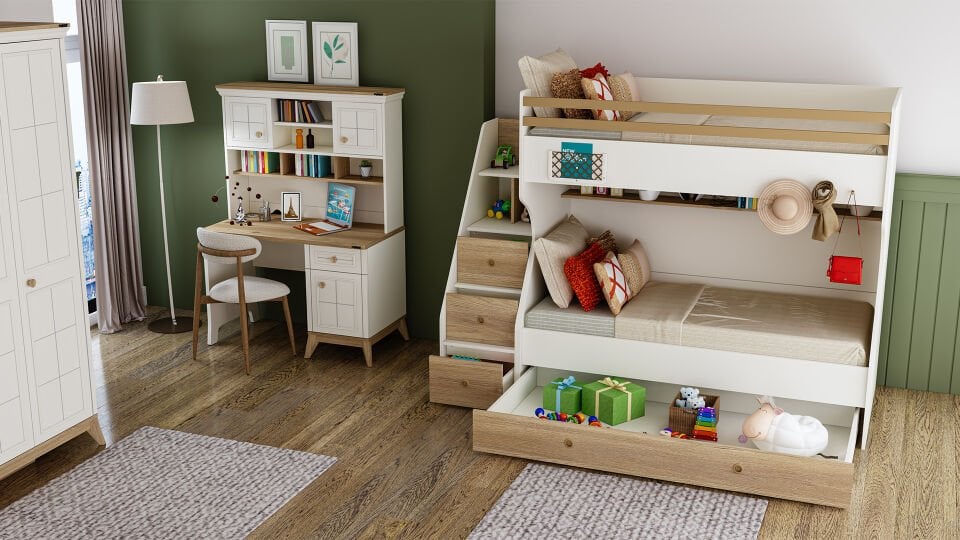 Ferro Compact Ranza Ahşap Merdivenli 90x190 Ceviz Krem