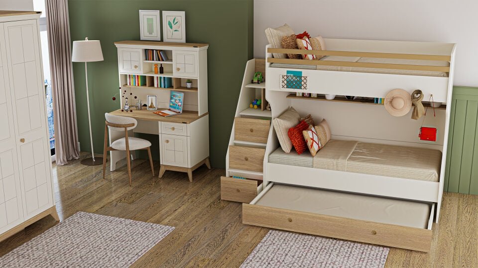 Ferro Compact Ranza Ahşap Merdivenli 90x190 Ceviz Krem