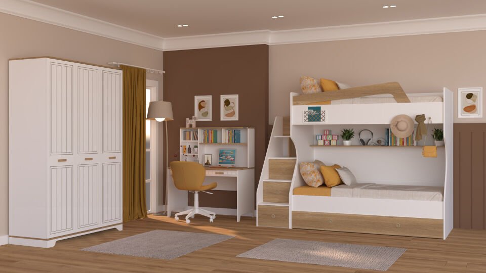 Ferro Compact Ranza Ahşap Merdivenli 90x190 Ceviz Beyaz