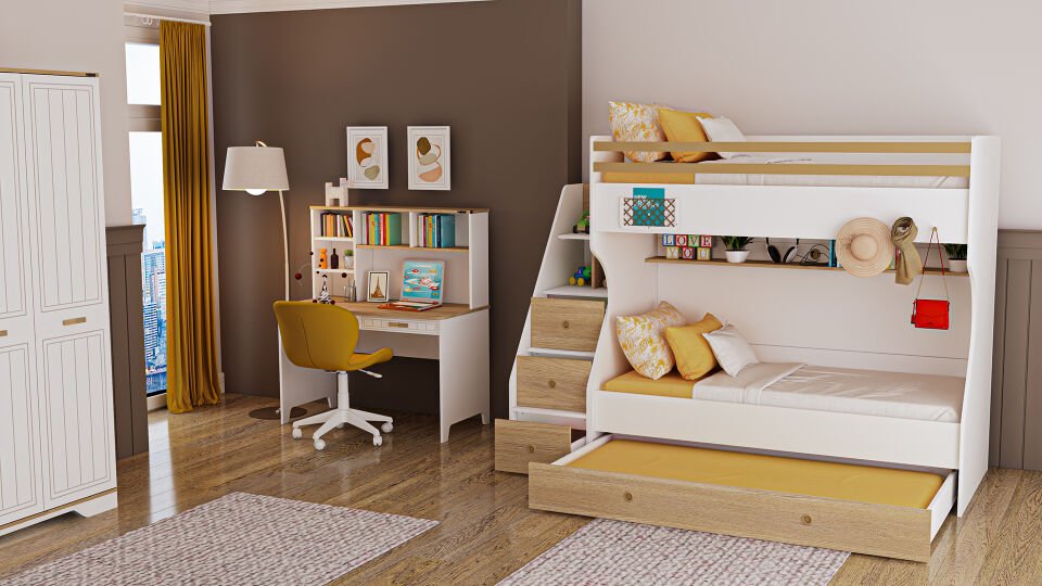 Ferro Compact Ranza Ahşap Merdivenli 90x190 Ceviz Beyaz