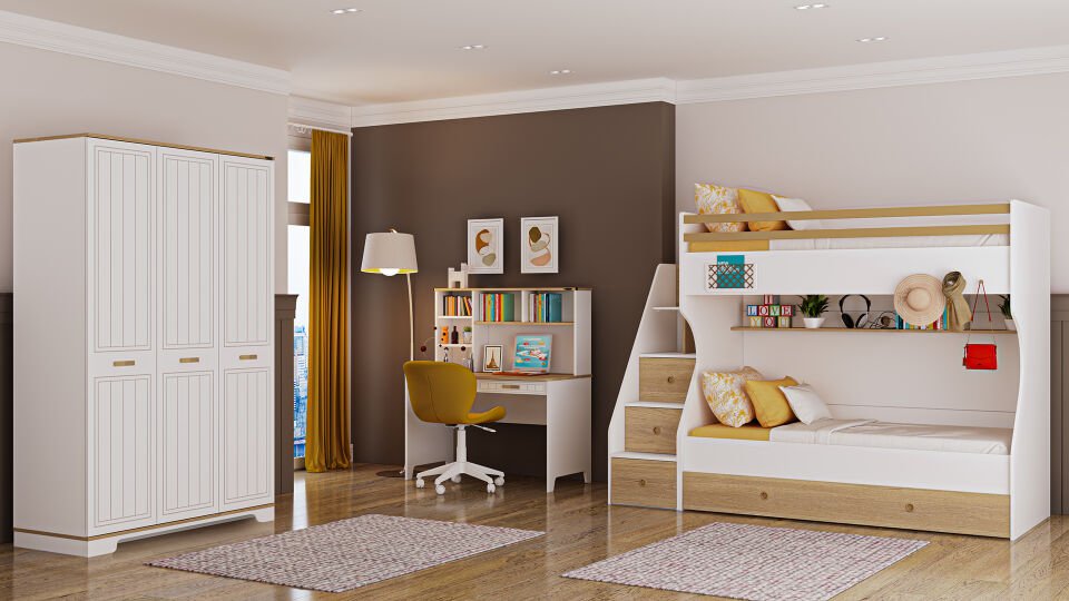 Ferro Compact Ranza Ahşap Merdivenli 90x190 Ceviz Beyaz